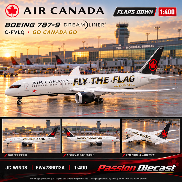 Montage carré généré par IA — Air Canada Boeing 787-9 C-FVLQ Go Canada Go volets abaissés JC Wings 1:400, décor inspiré de Montréal-Trudeau YUL