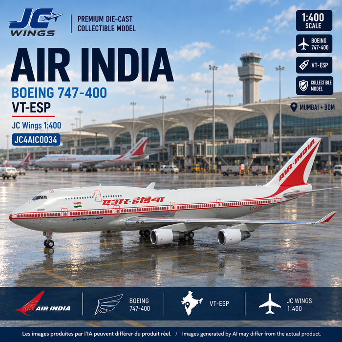 Montage carré généré par IA — Air India Boeing 747-400 VT-ESP JC Wings 1:400, décor inspiré de Mumbai Bombay BOM