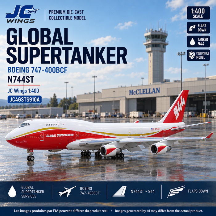 Montage carré généré par IA — Global SuperTanker N744ST JC Wings 1:400, présentation inspirée du modèle fourni et décor McClellan Sacramento