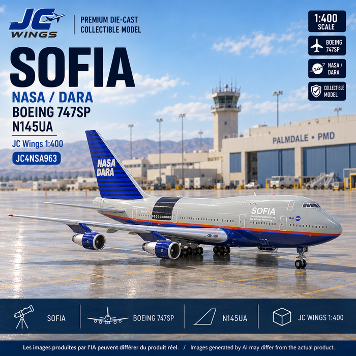 Montage carré généré par IA — SOFIA NASA DARA Boeing 747SP N145UA JC Wings 1:400, décor inspiré de Palmdale PMD
