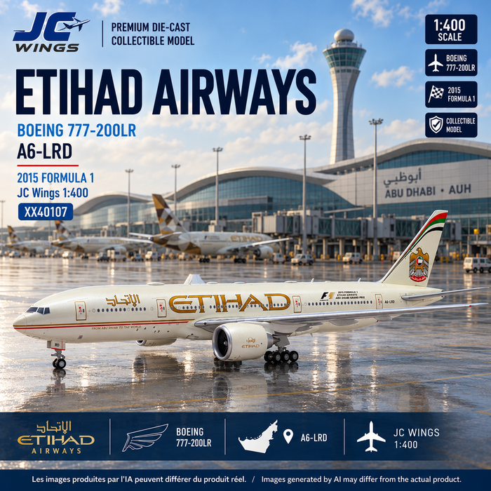 Montage carré généré par IA — Etihad Airways Boeing 777-200LR A6-LRD 2015 Formula 1 JC Wings 1:400, décor inspiré d’Abou Dabi AUH