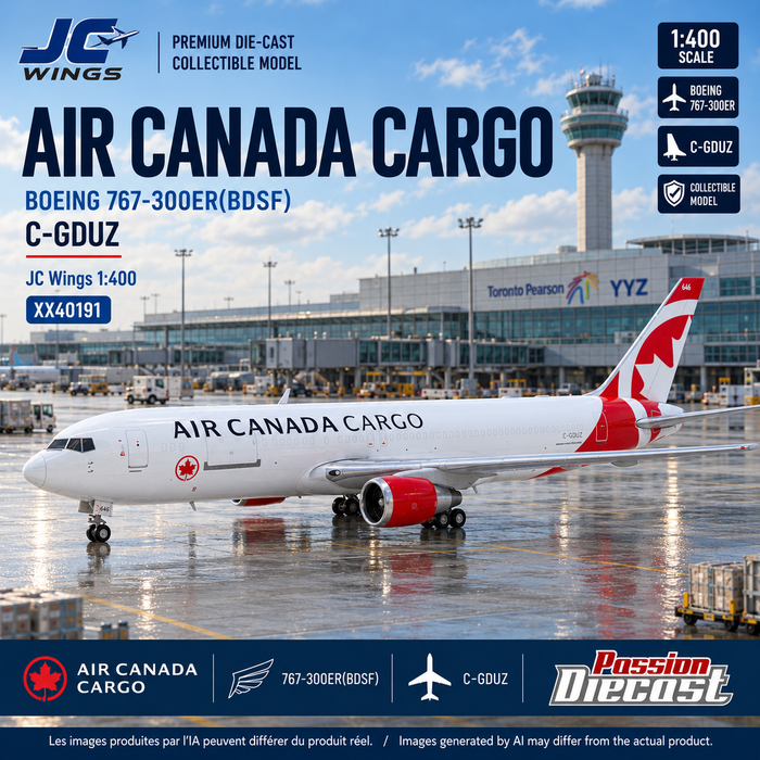 Montage carré généré par IA — Air Canada Cargo Boeing 767-300ER(BDSF) C-GDUZ JC Wings 1:400, décor Toronto Pearson YYZ et logo Passion Diecast