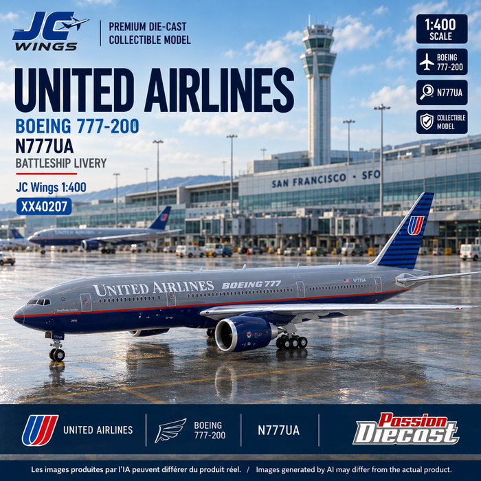 Montage carré généré par IA — United Airlines Boeing 777-200 N777UA Battleship JC Wings 1:400, décor inspiré de San Francisco SFO et logo Passion Diecast