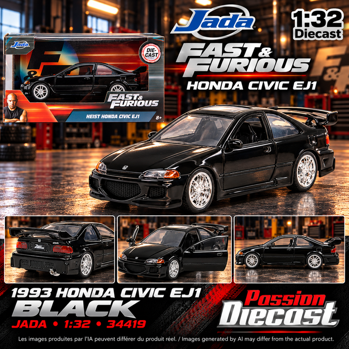 Montage carré généré par IA — Honda Civic EJ1 1993 noire Fast & Furious Jada 1:32 34419