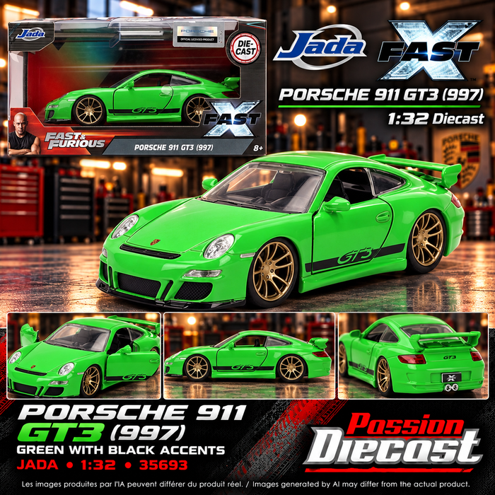 Montage carré généré par IA — Porsche 911 GT3 (997) verte et noire Fast X Jada 1:32 35693