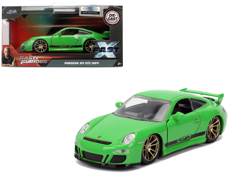 Porsche 911 GT3 (997) verte et noire Fast X Jada 1:32 — miniature et boîte