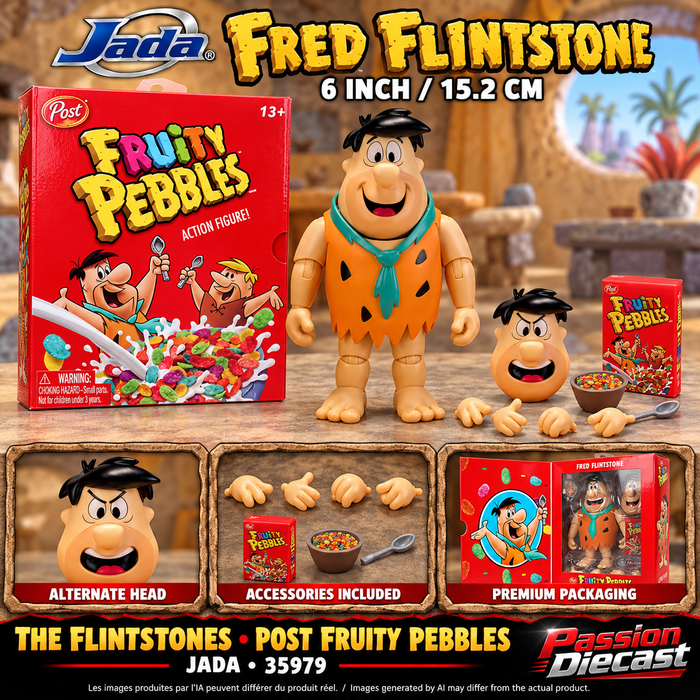Montage carré généré par IA — Fred Flintstone figurine articulée 6 pouces Post Fruity Pebbles Jada 35979