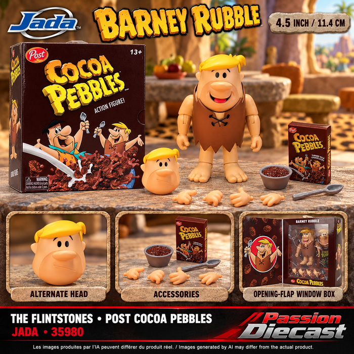 Montage carré généré par IA — Barney Rubble figurine 4,5 pouces Post Cocoa Pebbles Jada 35980