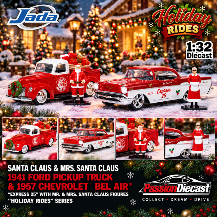 (Preorder) Jada 1:32 Holiday Rides 1941 Ford Pickup & 1957 Chevrolet Bel Air – Santa Claus & Mrs. Claus – 34441