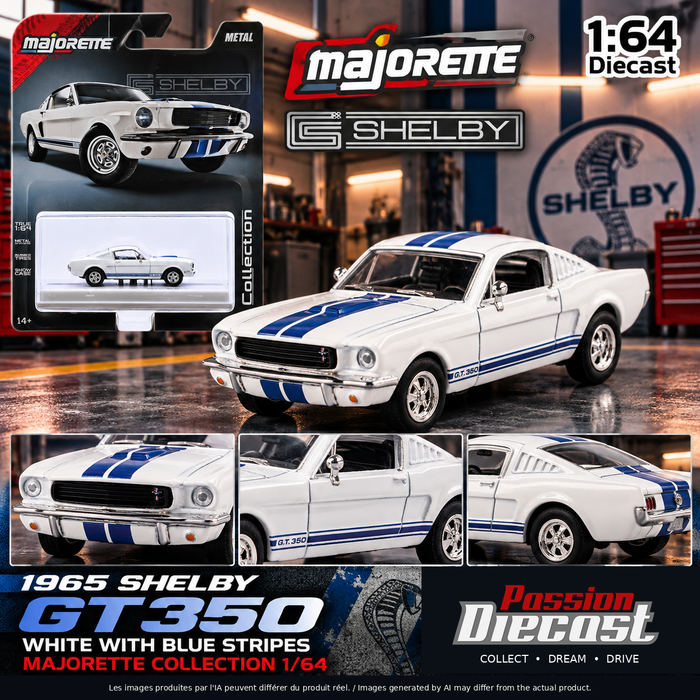 Montage carré Shelby GT350 Majorette 1:64, logo officiel Passion Diecast et avertissement IA bilingue