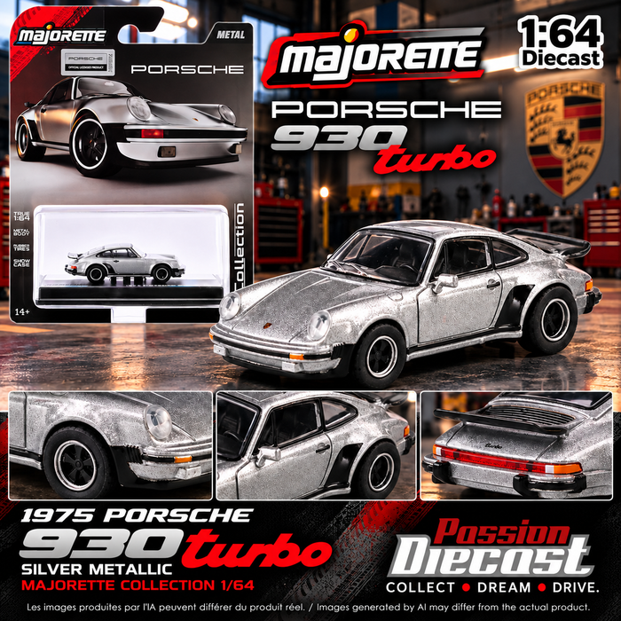 Montage Passion Diecast Porsche 930 Turbo argent 1975 Majorette 1:64, avertissement IA bilingue