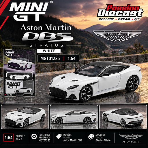 Montage illustratif Passion Diecast Mini GT Aston Martin DBS Stratus White