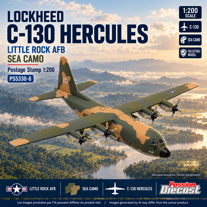 Lockheed C-130 Hercules SEA CAMO in flight over an evocative Southeast Asian landscape — artistic promotional montage with Passion Diecast logo