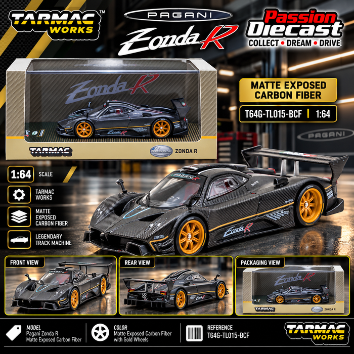(Preorder) Pagani Zonda R - Matte Exposed Carbon Fiber - Tarmac Works - 1/64 - T64G-TL015-BCF