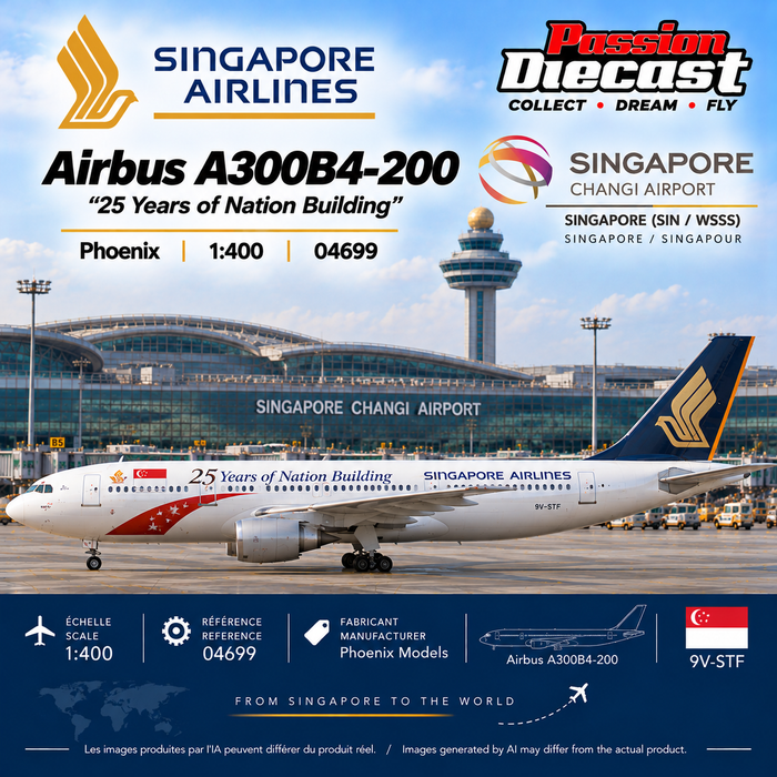 Visuel illustratif généré par IA Singapore Airlines Airbus A300B4-200 9V-STF 25 Years of Nation Building Phoenix 1:400
