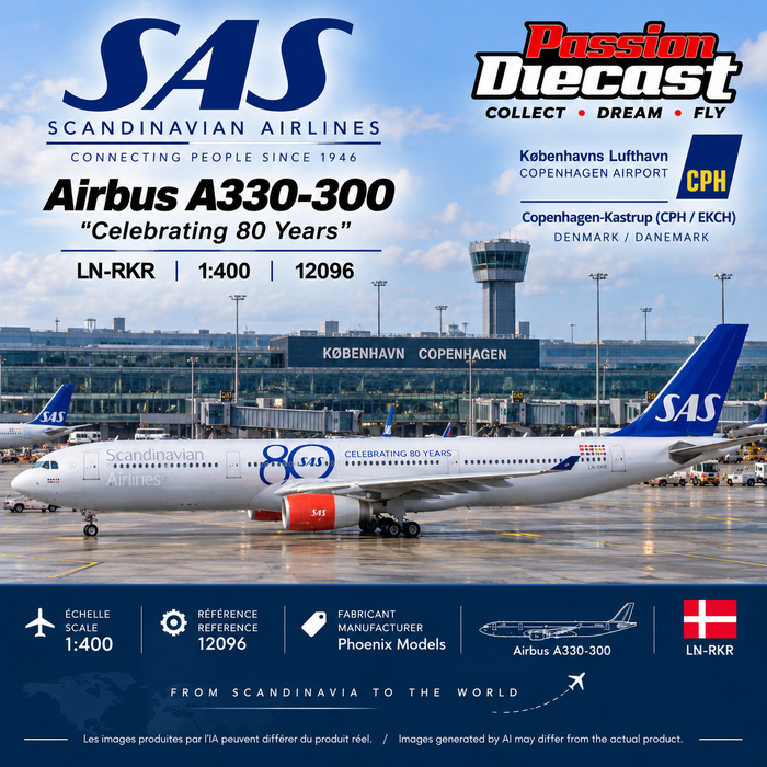 Visuel généré par IA – SAS Airbus A330-300 LN-RKR Celebrating 80 Years, Phoenix Models 1:400, aéroport de Copenhague