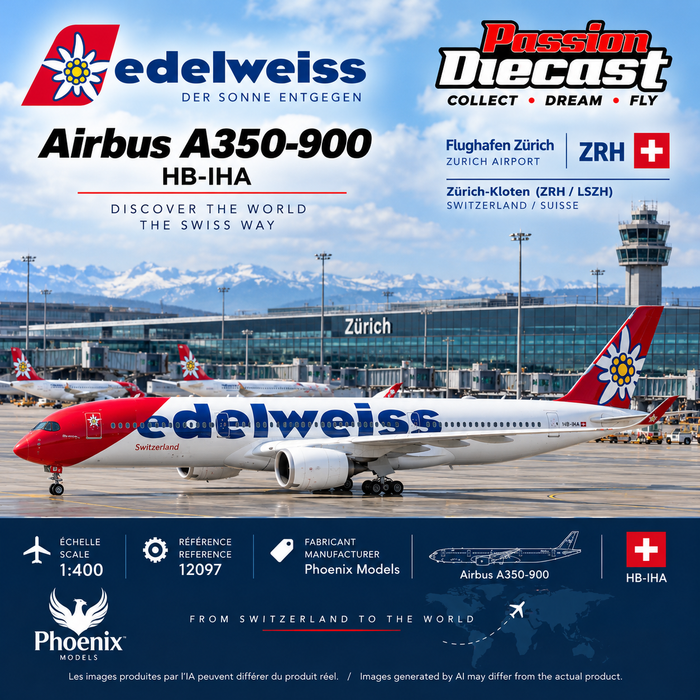 Visuel généré par IA – Edelweiss Airbus A350-900 HB-IHA Phoenix Models 1:400 à l'aéroport de Zurich
