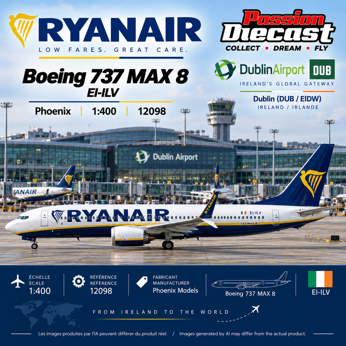 Affiche générée par IA Ryanair Boeing 737 MAX 8 EI-ILV Phoenix Models 1:400 aéroport de Dublin