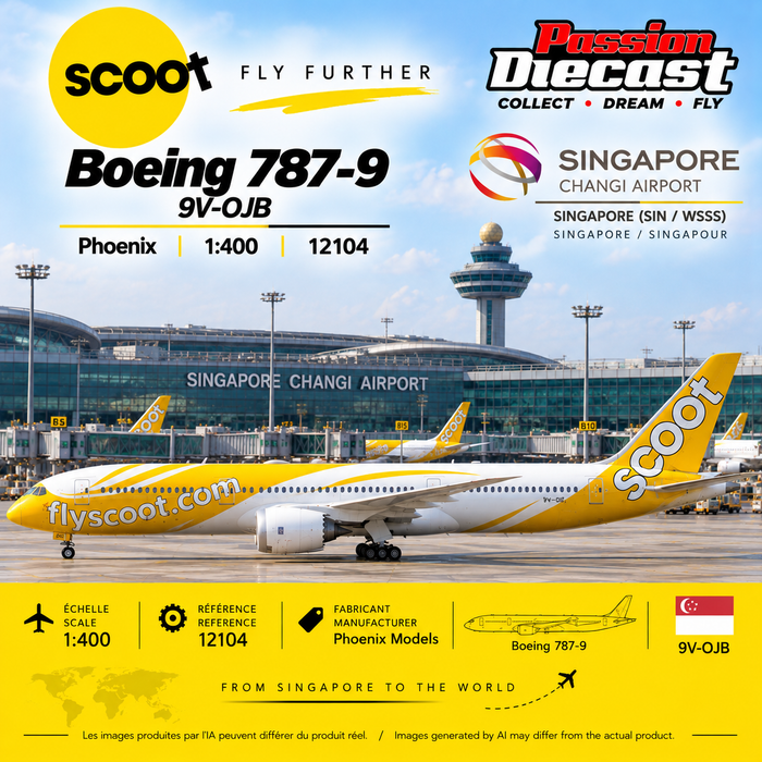 Affiche illustrative générée par IA : Scoot Boeing 787-9 9V-OJB Phoenix Models 1:400 à Singapour Changi