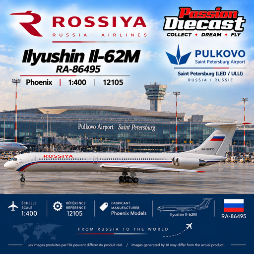Visuel généré par IA Rossiya Ilyushin Il-62M RA-86495 Phoenix Models 1:400 à Pulkovo