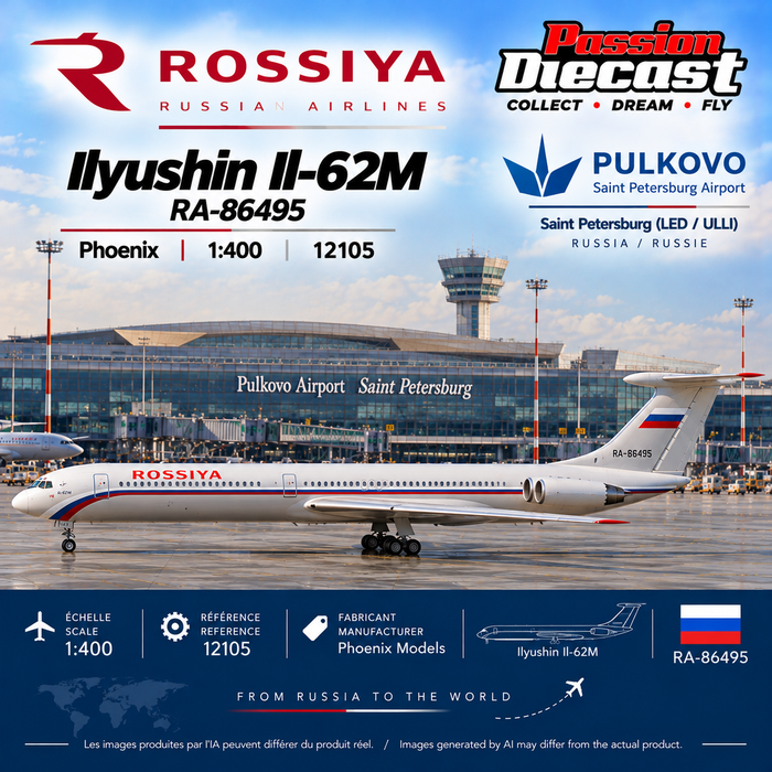 Visuel généré par IA Rossiya Ilyushin Il-62M RA-86495 Phoenix Models 1:400 à Pulkovo