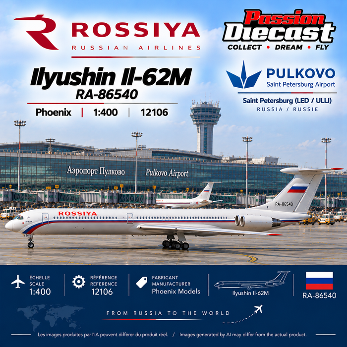 Affiche illustrative générée par IA Rossiya Ilyushin Il-62M RA-86540 Phoenix Models 1:400 aéroport de Pulkovo