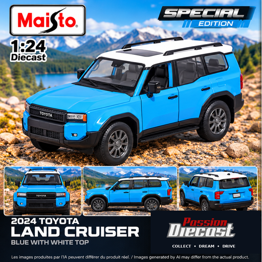 Maisto Toyota Land Cruiser 2024 BL – affiche avec logo officiel Passion Diecast et avertissement IA
