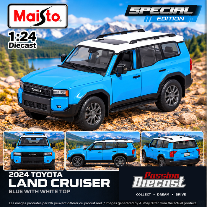 Maisto Toyota Land Cruiser 2024 BL – affiche avec logo officiel Passion Diecast et avertissement IA