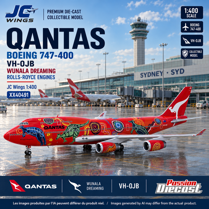 Qantas Boeing 747-400 VH-OJB Wunala Dreaming — JC Wings 1:400 XX40491 — promotional montage inspired by Sydney SYD with Passion Diecast logo